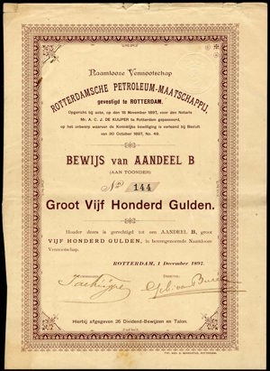 Rotterdamsche Petroleum-Maatschappij N.V., Bewijs van aandeel B, 500 Gulden, 1 December 1897