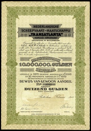 Nederlandsche Scheepvaart-Maatschappij "Transatlanta" N.V., Bewijs van gewoon aandeel, 1000 Gulden, Februari 1918