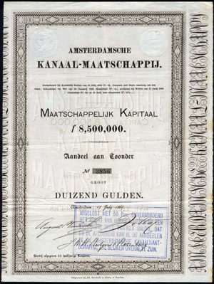 Amsterdamsche Kanaal-Maatschappij, Aandeel aan toonder, 1000 Gulden, 15 Juli 1869