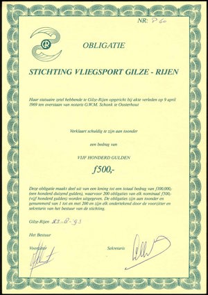 Stichting Vliegsport Gilze-Rijen, Obligatie, 500 Gulden, 23 Augustus 1993