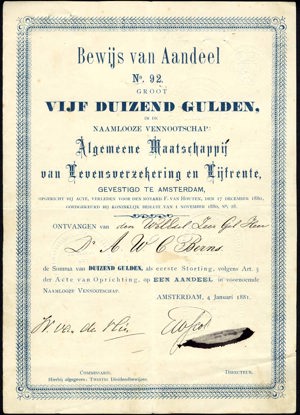 Algemeene Maatschappij van Levensverzekering en Lijfrente N.V., Bewijs van aandeel, 5000 Gulden, 4 January 1881