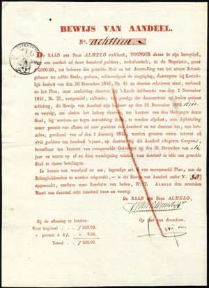 Stad Alemlo, Bewijs van aandeel, 200 Gulden, 7 March 1842