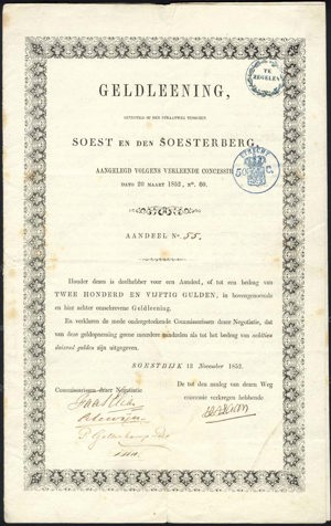 Straatweg tusschen Soest en den Soesterberg, Aandeel, 250 gulden, 13 November 1852 (Prospect included)