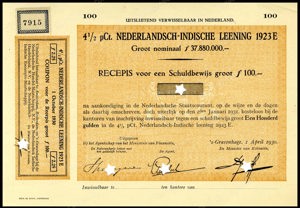 Nederlandsch-Indie, 4,5% lening 1923E, Recepis voor een schuldbewijs, 100 Gulden, 1 April 1930, PROOF