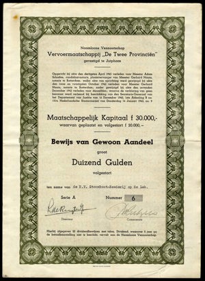 Vervoermaatschappij "De Twee Provinciën" N.V., Bewijs van gewoon aandeel, serie A, 1000 Gulden, 1942