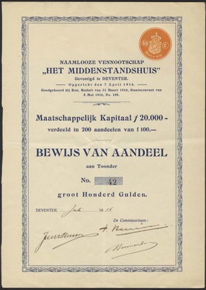 Het Middenstandshuis NV, Bewijs van Aandeel, 100 Gulden, Juli 1916