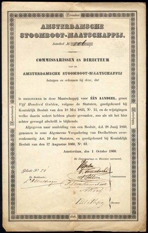 Amsterdamsche Stoomboot-Maatschappij, Aandeel, 500 Gulden, 1 Oktober 1860