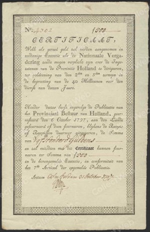 Provintiaal Bestuur van Holland, Certificaat, 500 Gulden, 27 December 1797