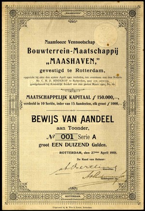 Bouwterrein-Maatschappij "Maashaven" N.V., Bewijs van aandeel, serie A, 1000 Gulden, 27 April 1901, Series A, No 001