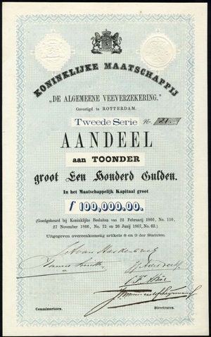 Koninklijke Maatschappij "De Algemeene Veeverzekering", Aandeel, tweede serie, 100 Gulden, 1866