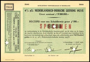 Nederlandsch-Indie, 4,5% lening 1923E, Recepis voor een schuldbewijs, 500 Gulden, 1 April 1930, SPECIMEN