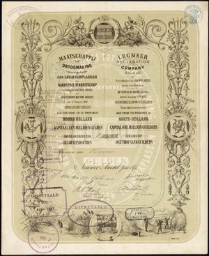 Nederland, Maatschappij tot Drooglegging van een gedeelte der Legmeerplassen N.V., Onderaandeel, 1000 Gulden, Juni 1875
