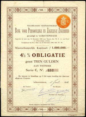 Bank voor Persoonlijke en Zakelijke Zekerheid N.V., Obligatie, serie C, 10 Gulden, 1 July 1916