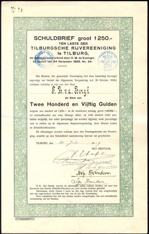 Tilburgsche Rijvereeniging, Schuldbrief, 250 Gulden, 31 July 1919