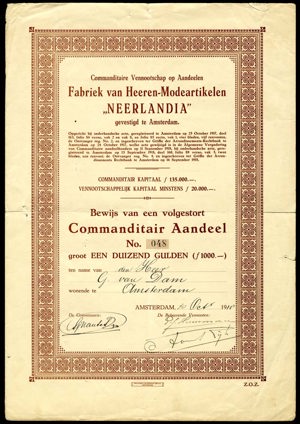 Fabriek van Heeren-Modeartikelen "Neerlandia" C.V., Commanditair aandeel, 1000 Gulden, 30 October 1918