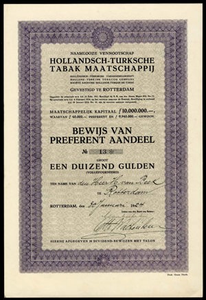 Hollandsch-Turksche Tabak Maatschappij N.V., Bewijs van preferent aandeel, 1000 Gulden, 30 January 1924
