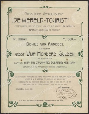 Nederland, De Wereld-Tourist N.V., Bewijs van Aandeel, 500 Gulden, 15 juni 1901
