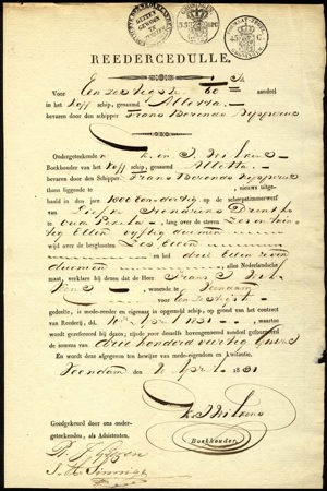 Koffschip Aletta, Reedercedulle voor 1/60 Aandeel, 20 April 1831