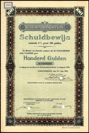 Nederlandsch-Indie, 5% lening 1916, Schuldbewijs, 100 Gulden, 5 Juni 1916, PROOF