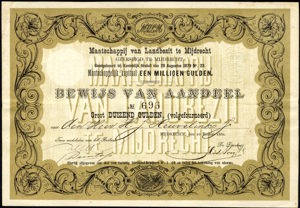 Maatschappij van Landbezit te Mijdrecht, Bewijs van aandeel, 1000 Gulden, 20 January 1880