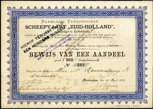 Scheepvaart "Zuid-Holland" N.V., Bewijs van een aandeel, 500 Gulden, 30 April 1890