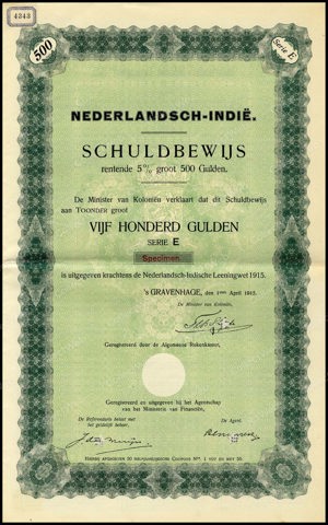 Nederlandsch-Indie, 5% lening 1915, Schuldbewijs, 500 Gulden, 1 April 1915, SPECIMEN