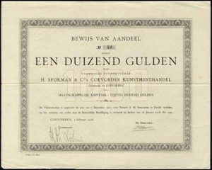 H. Spijkman & Co's Coevorder Kunstmesthandel N.V., Bewijs van aandeel, 1000 Gulden, 1 Februari 1918