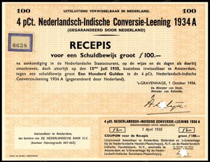 Nederlands-Indië, 4% Conversielening 1934A, Recepis voor een schuldbewijs, 100 Gulden, 1 October 1934, PROOF