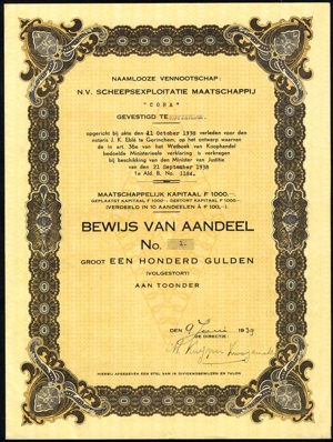 Scheepsexploitatie Maatschappij 'Cora" N.V., Bewijs van aandeel, 100 Gulden, 9 June 1939, number 1