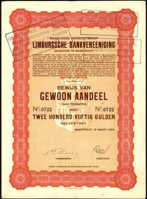 Limburgsche Bankvereeniging NV, Bewijs van gewoon aandeel, 250 Gulden, 10 Maart 1925