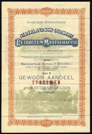 Nederlandsch-Indische Petroleum Maatschappij N.V., Gewoon aandeel, Serie B, 1000 Gulden, 30 May 1896, SPECIMEN