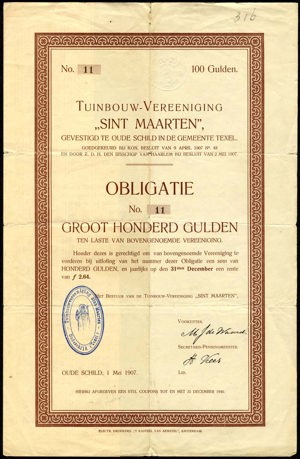 Nederland, Tuinbouw-Vereeniging "Sint Maarten", Obligatie, 100 Gulden, 1 May 1907