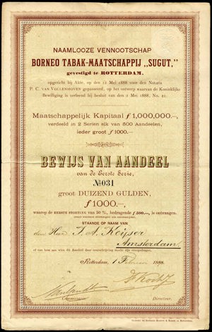 Borneo Tabak-Maatschappij "Sugut", Bewijs van aandeel, eerste serie, 1000 Gulden, 1 February 1888