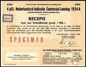 Nederlandsch-Indie, 4% Conversielening 1934A, Recepis voor een schuldbewijs, 100 Gulden, 1 October 1934, SPECIMEN