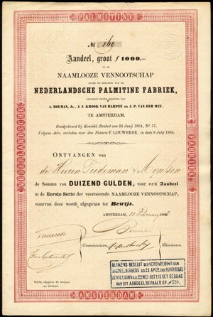 Nederlandsche Palmitine Fabriek NV, Aandeel, 1000 Gulden, 11 Februari 1865