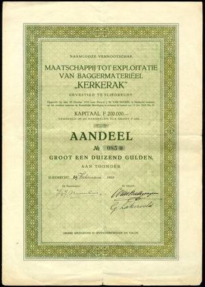 Maatschappij tot Exploitatie van Baggermateriëel "Kerkerak" N.V., Aandeel, 1000 Gulden, 19 February 1920