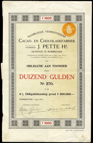 Nederland, Cacao- en Chocoladefabriek voorheen J. Pette Hz. N.V., Obligatie aan toonder, 1000 Gulden, 1 June 1914