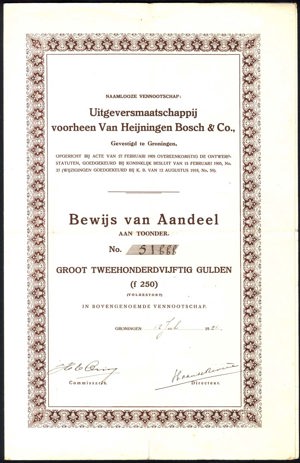 Uitgeversmaatschappij voorheen Van Heijningen Bosch & Co. N.V., Bewijs van aandeel, 250 Gulden, 12 July 1920