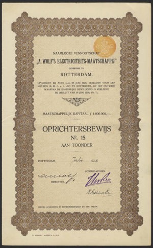 A. Wolf's Electriciteits-Maatschappij N.V., Oprichtersbewijs, Juli 1920