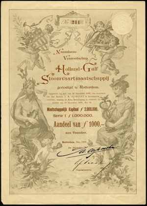 Holland-Gulf Stoomvaartmaatschappij NV, Aandeel, 1000 Gulden, December 1898