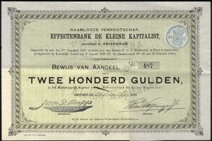 Effectenbank De Kleine Kapitalist N.V., Bewijs van aandeel, 200 Gulden, 31 December 1886