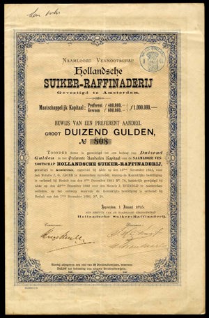 Hollandsche Suiker-Raffinaderij N.V., Bewijs van een Preferent aandeel, 1000 Gulden, 1 January 1893