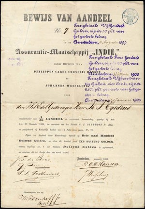 Assurantie-Maatschappij "Indië", 1/50 Aandeel, 6000 Gulden, Januari 1867