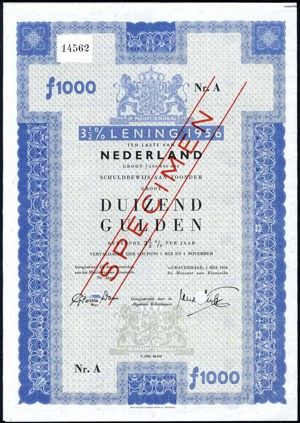 Koninkrijk der Nederlanden, Schuldbewijs aan toonder, 1000 Gulden, 1 May 1956, SPECIMEN