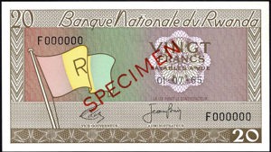 Rwanda, P6s1, B106bs1, 20 Francs 01.07.1965