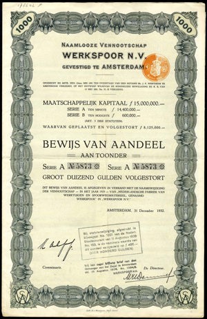 Werkspoor N.V., Bewijs van aandeel, 1000 Gulden, serie A, 31 December 1932