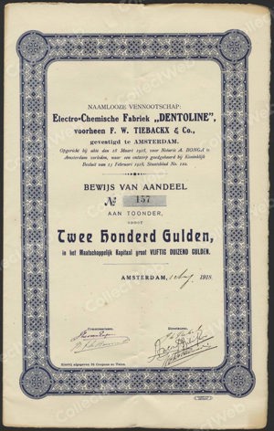 Electro-Chemische Fabriek Dentoline, voorheen F.W. Tiebackx & Co N.V., Bewijs van Aandeel, 200 Gulden, 1 Augustus 1918