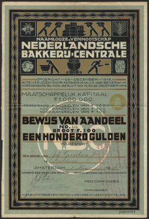 Nederlandsche Bakkerij-Centrale N.V., Bewijs van Aandeel, 100 Gulden, 31 mei 1917
