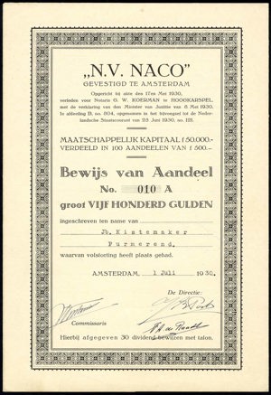 Naco N.V., Bewijs van aandeel A, 500 Gulden, 1 July 1930