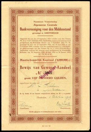 Algemeene Centrale Bankvereeniging voor den Middenstand N.V., Bewijs van gewoon aandeel, 500 Gulden, 1 October 1919